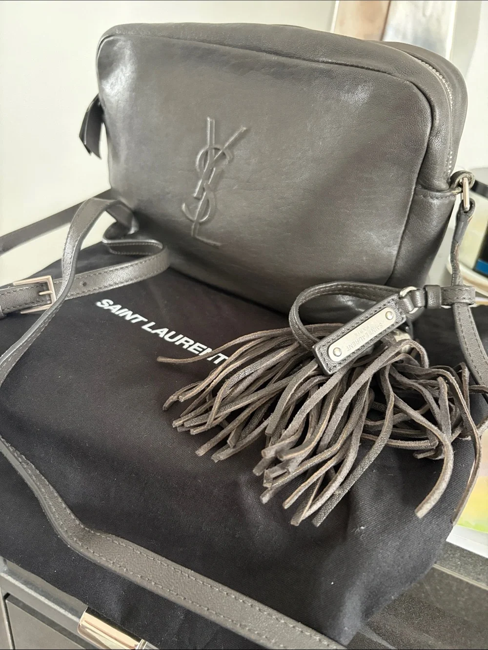 Saint Laurent Grey Leather Crossbody Camera Bag with Tassel Accent